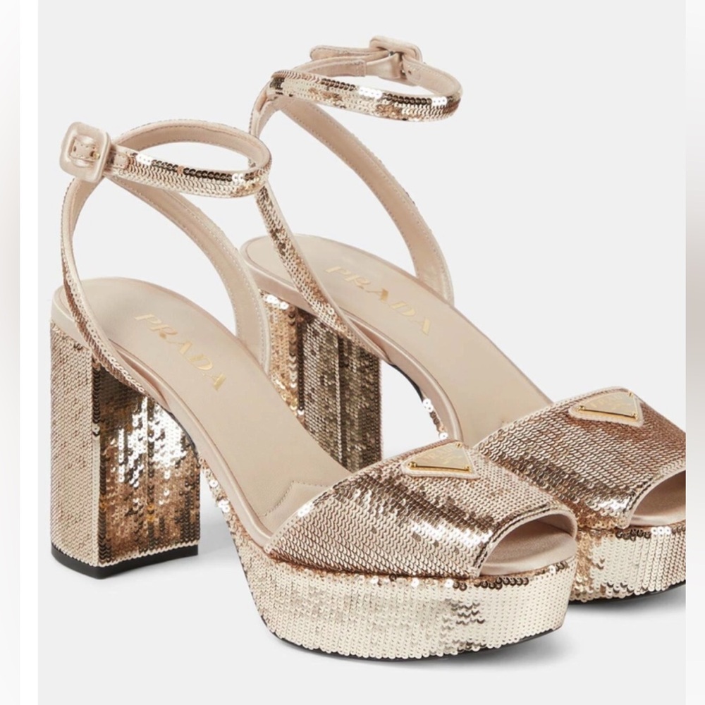 Prada Gold Sequin Shimmer Platform Sandals Heel size 39 NWT